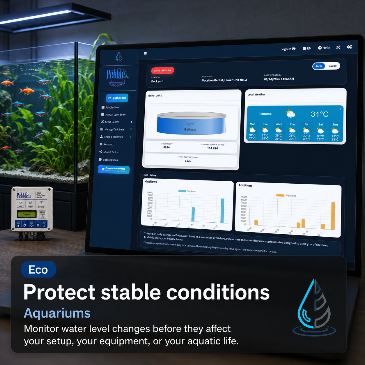 LumeLevel aquarium monitoring with dashboard and Pebble