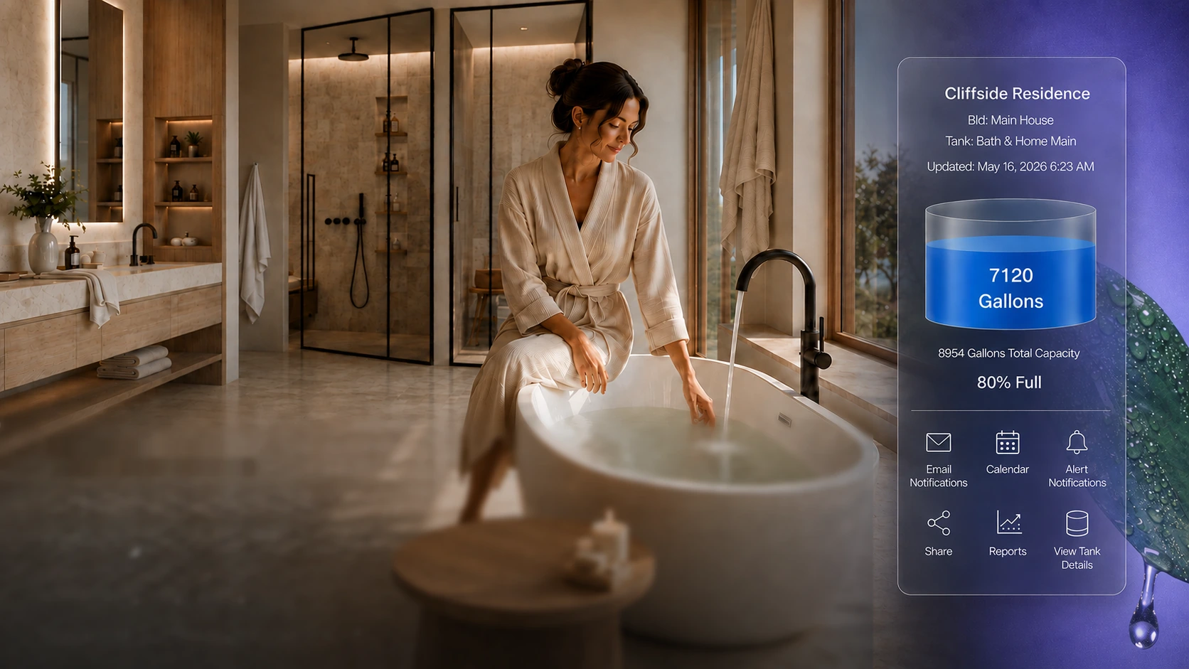 Woman relaxing beside a filled bath in a bright spa-like bathroom