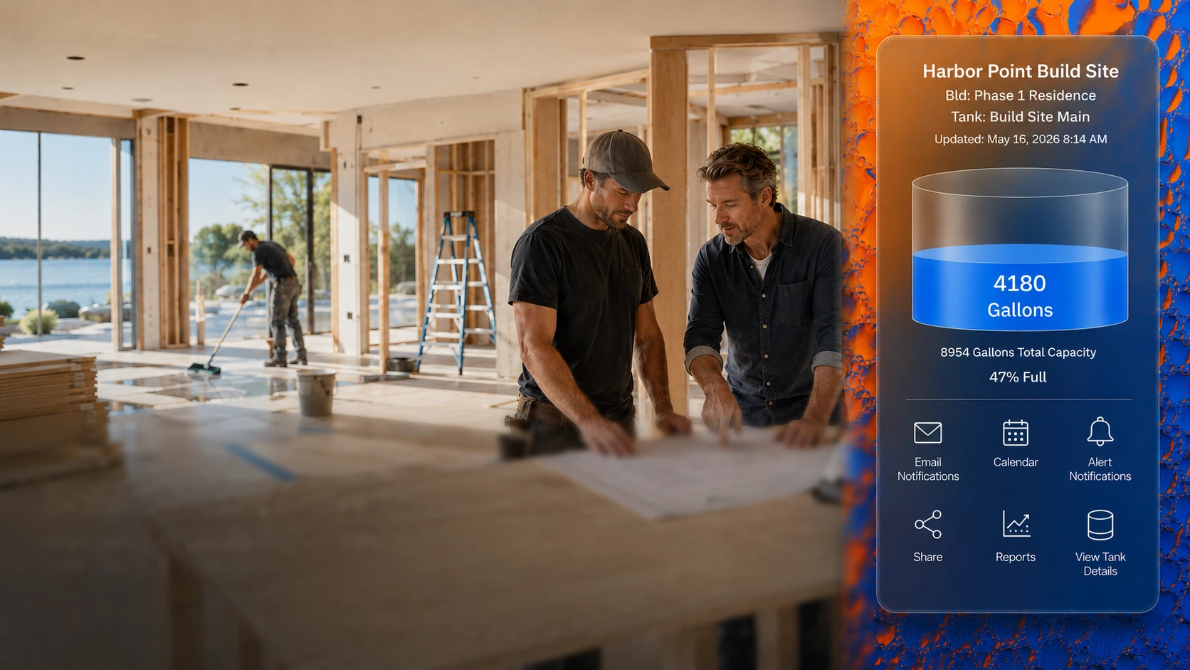 Construction professionals reviewing plans inside a residential build