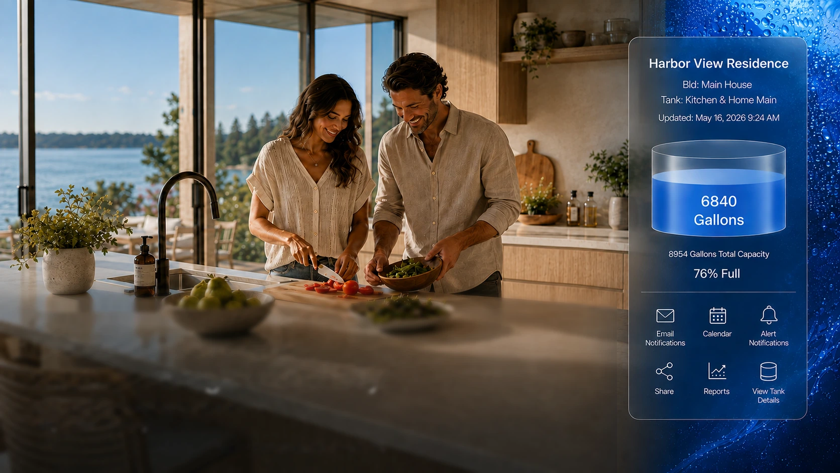 Couple preparing food in a bright waterfront kitchen