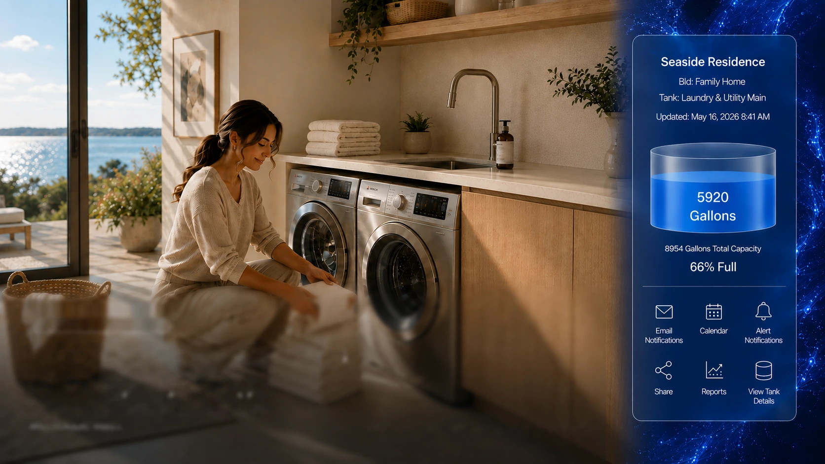Woman handling laundry in a bright coastal laundry room